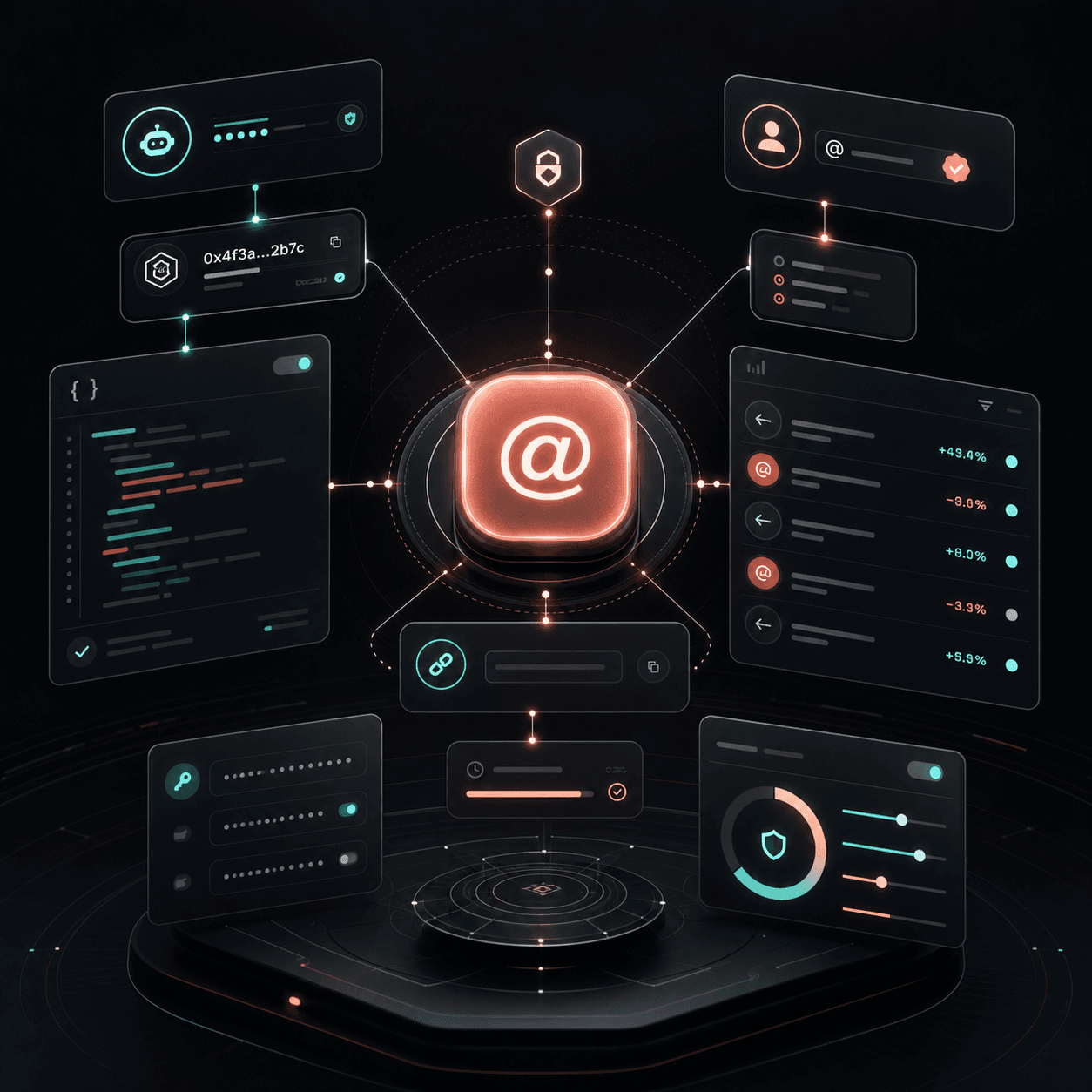 Abstract Coral Network interface connecting handles, wallets, claim links, and API controls